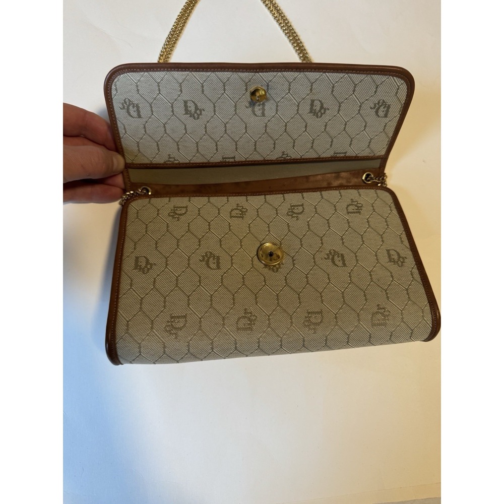 Christian Dior Honeycomb Canvas Chain Shoulder Bag PVC Beige Brown Leather Auth - Picture 10 of 13